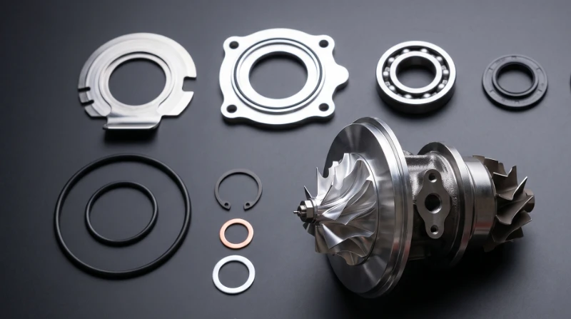 Muchboost turbocharger upgrade process disassembled hybrid turbo components on workshop bench