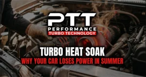 Glowing hot turbocharger with heat haze in a summer engine bay, a damaged boost hose patched with a zip tie and silicone sealant, intercooler visible, harsh sunlight emphasizing the intake leak.