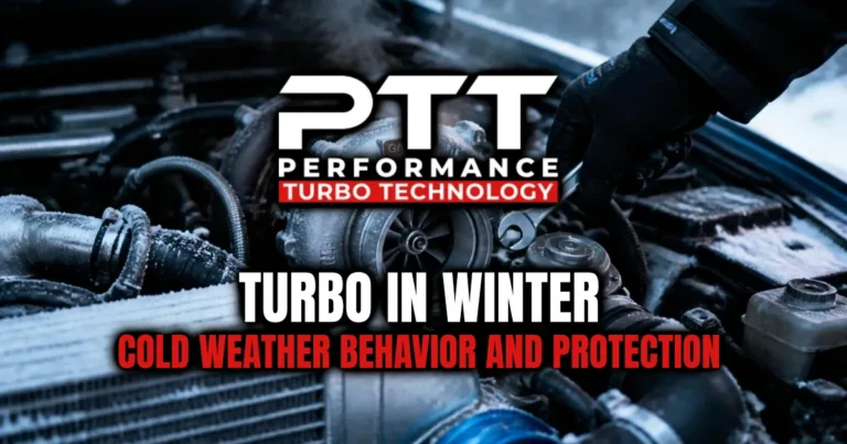 A mechanic's gloved hand working on a frosted turbocharger in a winter engine bay, featuring PTT Performance Turbo Technology branding and the title Turbo in Winter: Cold Weather Behavior and Protection.